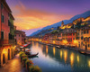 Twilight over Italian River Town with Lanterns and Fall Colors Art Print