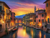 Twilight over Italian River Town with Lanterns and Fall Colors Art Print