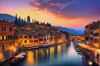 Twilight over Italian River Town with Lanterns and Fall Colors Art Print