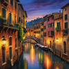 Twilight over Italian River Town with Lanterns and Fall Colors Art Print