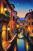 Twilight over Italian River Town with Lanterns and Fall Colors Art Print