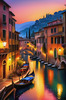 Twilight over Italian River Town with Lanterns and Fall Colors Art Print