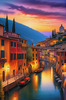 Twilight over Italian River Town with Lanterns and Fall Colors Art Print