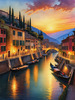 Twilight over Italian River Town with Lanterns and Fall Colors Art Print