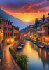 Twilight over Italian River Town with Lanterns and Fall Colors Art Print