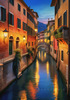 Twilight over Italian River Town with Lanterns and Fall Colors Art Print