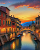 Twilight over Italian River Town with Lanterns and Fall Colors Art Print