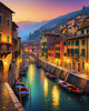 Twilight over Italian River Town with Lanterns and Fall Colors Art Print