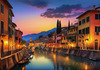 Twilight over Italian River Town with Lanterns and Fall Colors Art Print