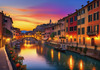 Twilight over Italian River Town with Lanterns and Fall Colors Art Print