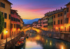 Twilight over Italian River Town with Lanterns and Fall Colors Art Print
