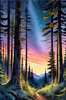 Printable Twilight Scene of Stars Twinkling in Fir Forest Landscape