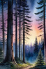 Printable Twilight Scene of Stars Twinkling in Fir Forest Landscape