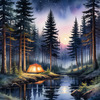 Printable Twilight Scene of Stars Twinkling in Fir Forest Landscape
