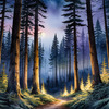 Printable Twilight Scene of Stars Twinkling in Fir Forest Landscape