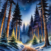 Printable Twilight Scene of Stars Twinkling in Fir Forest Landscape