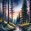 Printable Twilight Scene of Stars Twinkling in Fir Forest Landscape