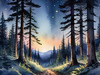 Printable Twilight Scene of Stars Twinkling in Fir Forest Landscape
