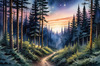 Printable Twilight Scene of Stars Twinkling in Fir Forest Landscape