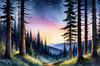 Printable Twilight Scene of Stars Twinkling in Fir Forest Landscape