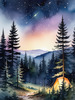 Printable Twilight Scene of Stars Twinkling in Fir Forest Landscape