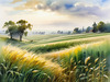 Barley Fields with Feathery Tops Rustling in the Wind Landscape Print
