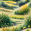 Barley Fields with Feathery Tops Rustling in the Wind Landscape Print