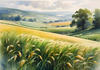 Barley Fields with Feathery Tops Rustling in the Wind Landscape Print