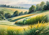 Barley Fields with Feathery Tops Rustling in the Wind Landscape Print