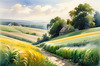 Barley Fields with Feathery Tops Rustling in the Wind Landscape Print