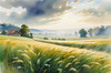 Barley Fields with Feathery Tops Rustling in the Wind Landscape Print
