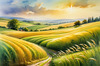 Barley Fields with Feathery Tops Rustling in the Wind Landscape Print