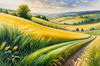 Barley Fields with Feathery Tops Rustling in the Wind Landscape Print