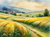 Barley Fields with Feathery Tops Rustling in the Wind Landscape Print