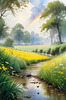 Fresh Verdant Meadow with Glistening Raindrops and Distant Rainbow