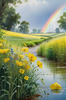 Fresh Verdant Meadow with Glistening Raindrops and Distant Rainbow