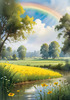 Fresh Verdant Meadow with Glistening Raindrops and Distant Rainbow