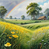 Fresh Verdant Meadow with Glistening Raindrops and Distant Rainbow