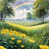 Fresh Verdant Meadow with Glistening Raindrops and Distant Rainbow