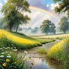 Fresh Verdant Meadow with Glistening Raindrops and Distant Rainbow