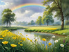 Fresh Verdant Meadow with Glistening Raindrops and Distant Rainbow