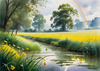 Fresh Verdant Meadow with Glistening Raindrops and Distant Rainbow