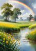 Fresh Verdant Meadow with Glistening Raindrops and Distant Rainbow