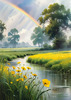 Fresh Verdant Meadow with Glistening Raindrops and Distant Rainbow