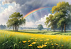 Fresh Verdant Meadow with Glistening Raindrops and Distant Rainbow