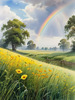 Fresh Verdant Meadow with Glistening Raindrops and Distant Rainbow