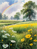 Fresh Verdant Meadow with Glistening Raindrops and Distant Rainbow