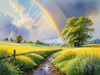 Fresh Verdant Meadow with Glistening Raindrops and Distant Rainbow
