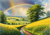 Fresh Verdant Meadow with Glistening Raindrops and Distant Rainbow
