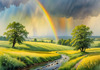Fresh Verdant Meadow with Glistening Raindrops and Distant Rainbow